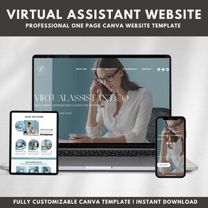 May include: A mockup of a website template for a virtual assistant business. The website is designed in a modern, professional style with a blue and white color scheme. The website includes sections for about me, services, our offer, testimonials, and contact. The website also includes a call to action to book now.