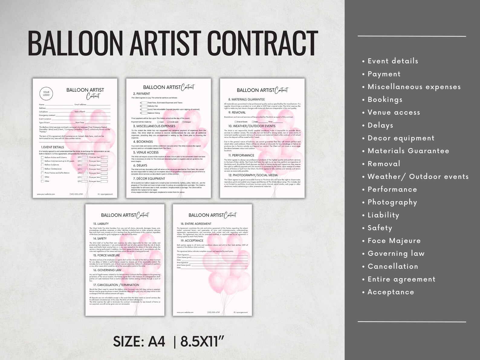 BALLOON ARTIST CONTRACT Template, Balloon Business Bundle, Balloon