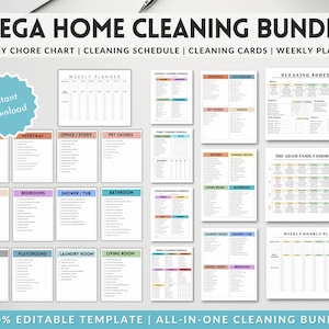 Cleaning Checklist Bundle, Editable Household Cleaning Schedule, Adhd Cleaning Bundle, Adult Chore Chart, Family Cleaning Planner Template