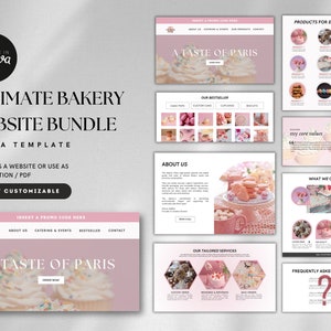 Pode incluir: Um modelo de site web rosa e branco para uma padaria chamada "A Taste of Paris". O modelo inclui imagens de bolos, cupcakes, macarons e outros doces. O modelo é totalmente personalizável e pode ser publicado como um site ou usado como uma apresentação.