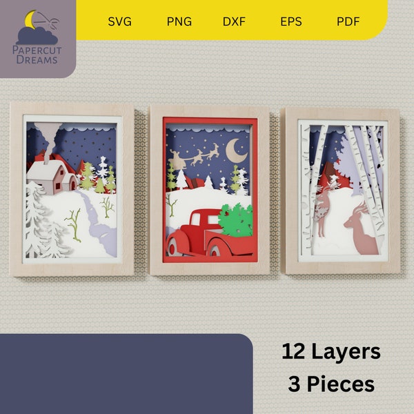 Starry Night Layered Paper Art | 3D Wintery Shadow Box SVG | Tranquil Winter Evening Scene | Vintage Truck & Festive Tree Template Starry Night Layered Paper Art | 3D Wintery Shadow Box SVG | Tranquil Winter Evening Scene | Vintage Truck & Festive Tree Template