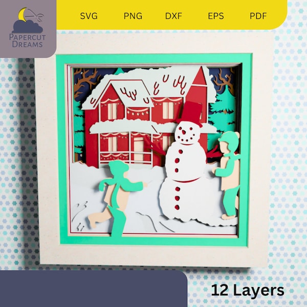 Christmas Layered Paper Art SVG | Snowman Evening Shadow Box | DIY 3D Snow-Covered House Art | Digital Paper Cutting Template