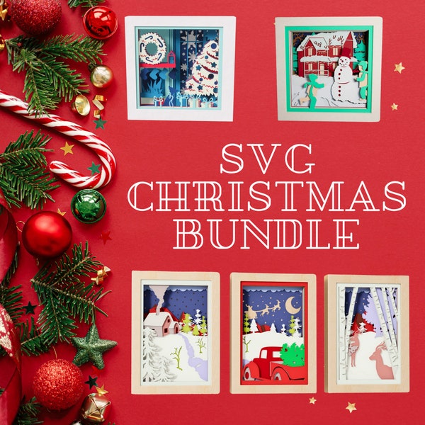 Christmas Layered Paper Art Bundle | 3D Shadow Box SVG Set | Festive Fireplace, Snowman Play, Vintage Truck | Digital Download Template