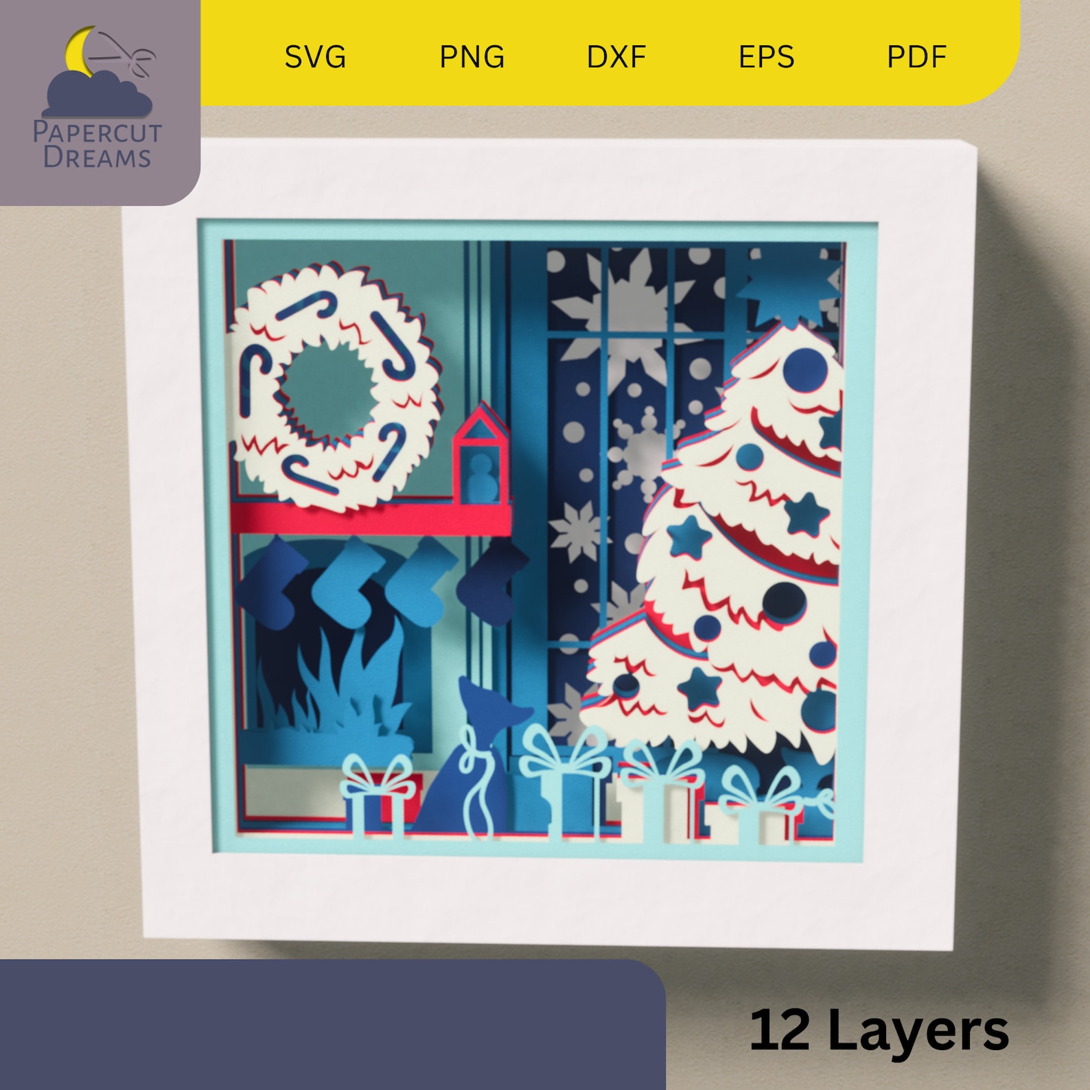 3D Christmas Layered Paper Art SVG Xmas Fireplace Shadow Box Template ...