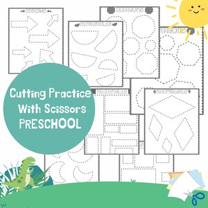 May include: A printable worksheet for preschoolers to practice cutting with scissors. The worksheet features various shapes, including arrows, semicircles, octagons, pentagons, rectangles, and rhombuses. The title of the worksheet is "Cutting Practice With Scissors PRESCHOOL".
