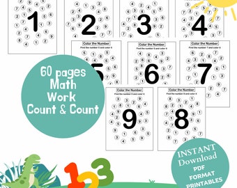Numbers Practice for kindergarten Preschool Activity Homeschool Learning numbers Number preschool worksheet printable Color and count number