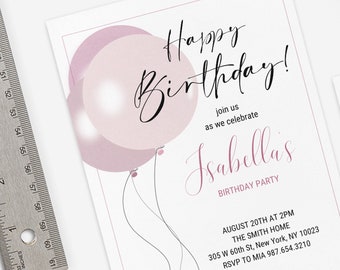 Balloon Birthday Invitation Template Instant Download Editable Pink Balloons Simple Birthday Party Invite