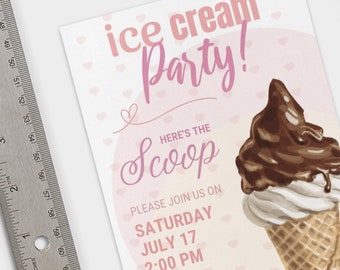 Ice Cream Party Invitation Template Pink Ice Cream Birthday Party Invitation Ice Cream Cone Dessert Invitation Summer Invitation