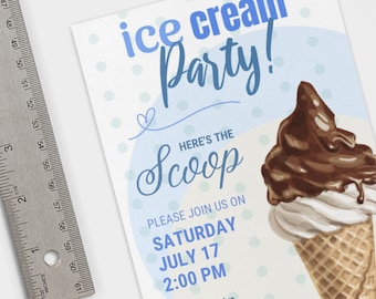 Ice Cream Party Invitation Template Blue Ice Cream Birthday Party Invitation Ice Cream Cone Dessert Invitation Summer Invitation