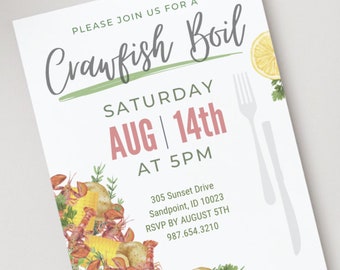 May include: Invitation to a crawfish boil on Saturday, August 14th at 5 PM. The invitation features a watercolor illustration of a pot of crawfish, corn, potatoes, lemons, and garlic. The text "PLEASE JOIN US FOR A Crawfish Boil" is written in green and pink script. The text "SATURDAY AUG | 14th AT 5PM" is written in pink and white. The address and RSVP information are listed below the main text.