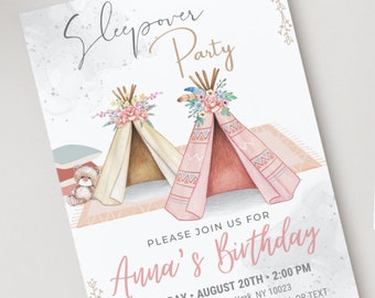 Tent Sleepover uitnodiging sjabloon Tipi Camping Slumber Party pyjama Party Boho Tipi Tent verjaardagsuitnodiging voor feest