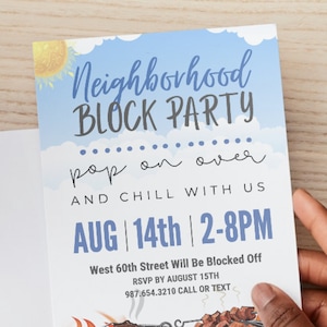 Modèle d'invitation à une fête de quartier de quartier Fête de rue Fête de quartier annuelle Invitation à une fête de quartier d'été Rencontrer et saluer les voisins