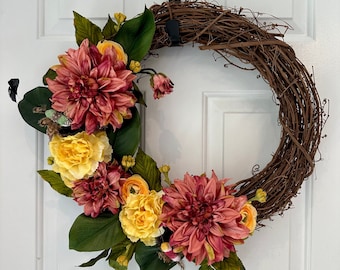 Pink And Yellow Wreath Spring Wreath Summer Wreath Front Door Wreath Seasonal Wreath Grapevine Wreath