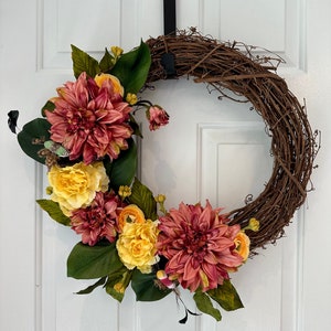 Pink And Yellow Wreath Spring Wreath Summer Wreath Front Door Wreath Seasonal Wreath Grapevine Wreath