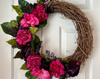 Pink and Purple Wreath Spring Summer Wreath Front Door Wreath Seasonal Wreath Grapevine Wreath