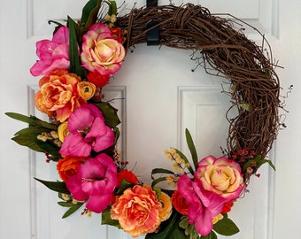 Pink And Orange Wreath Spring Wreath Summer Wreath Front Door Wreath Seasonal Wreath Grapevine Wreath