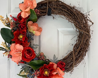 Orange and Blue Wreath Spring Wreath Summer Wreath Front Door Wreath Seasonal Wreath Grapevine Wreath
