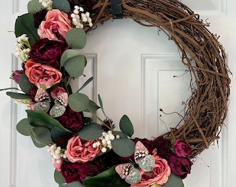 Butterflies Pink And Purple Wreath Spring Wreath Summer Wreath Front Door Wreath Seasonal Wreath Grapevine Wreath