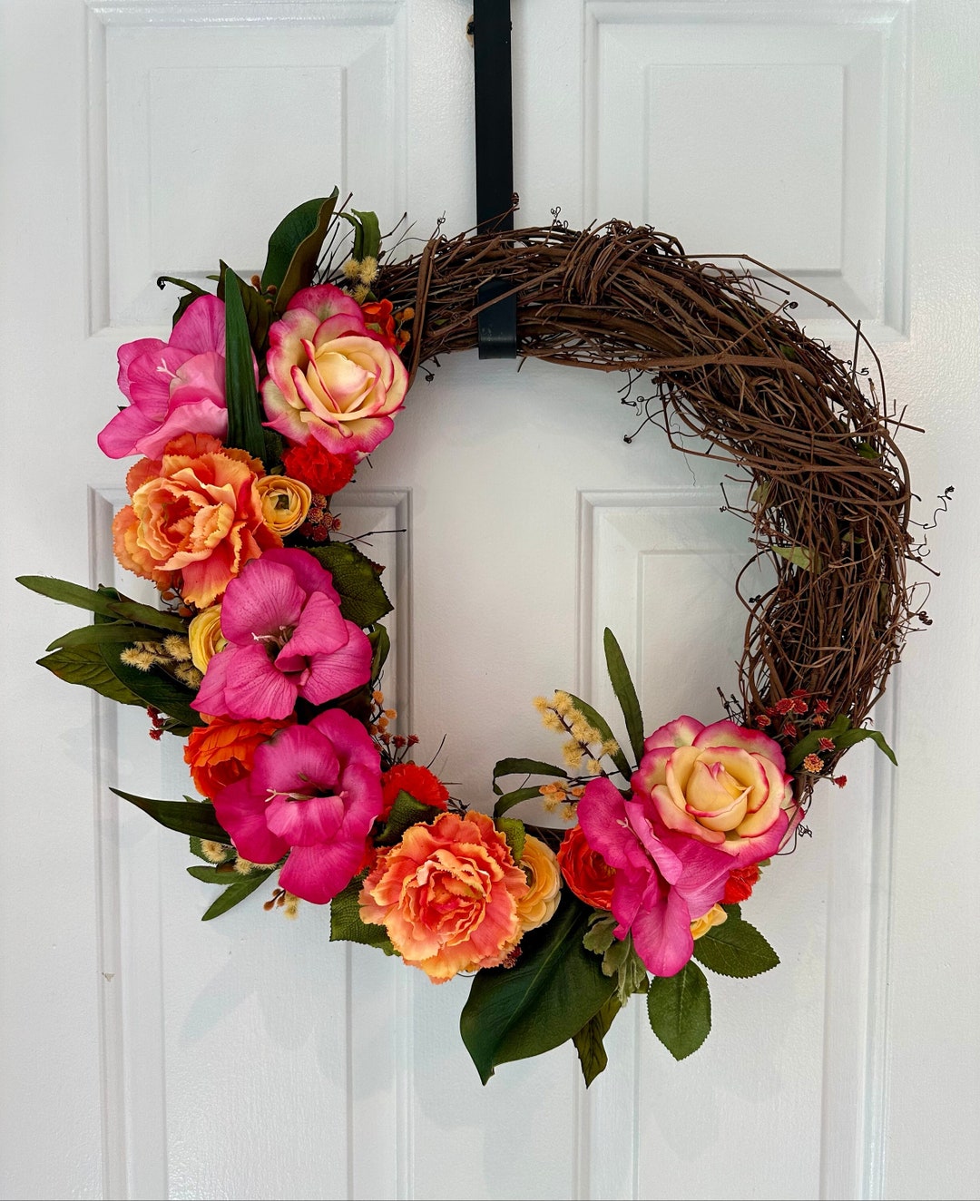 Pink and Orange Wreath Spring Wreath Summer Wreath Front Door Wreath Seasonal Wreath Grapevine