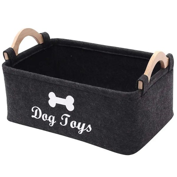 Dog Toys Storage Bins With Wooden Handle, Collapsible Pet Supplies Storage Basket