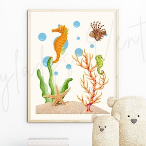 UNDER The SEA Wall Art, Minimalist Newborn Nursery Decor, Marine Seahorse Coral Bubbles, Star Fish, Large JPEG Printable Digital Download