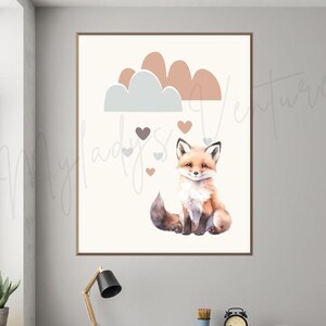 BABY FOX Wall Art, Minimalist Newborn Nursery Decor, Clouds Rain Heart, Boho Woodland Forest Animal, Large JPEG Printable Digital Download