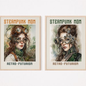 Steampunk Mom, Wall Art, Set Of 2, Cat Print Set, Gallery Wall, Digital Download, Art Print, Wall Art Prints,Gift For A Steampunk-Loving Mom
