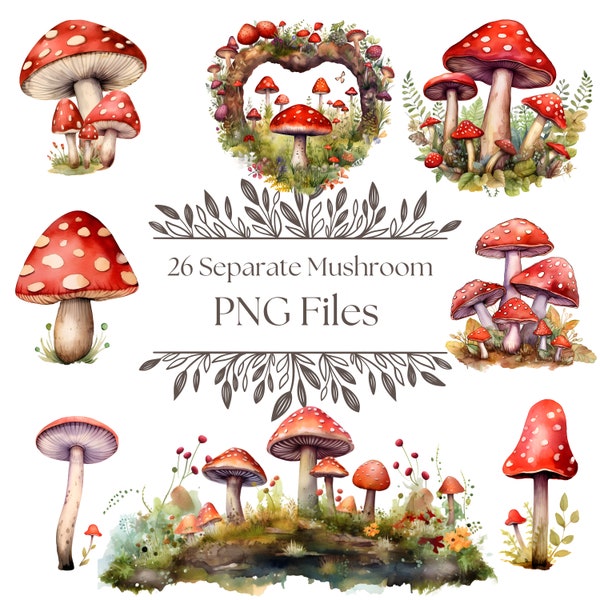 26 Individual PNG Mushrooms, Transparent Background, Illustrations Bundle, Watercolor, Digital Downloads,PNG, Red Mushrooms With Spots