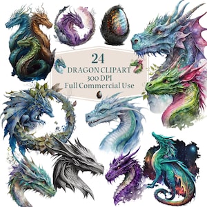 Big Dragon Illustrations Bundle, Watercolor Clipart, Digital Downloads, Dragon,PNG, Sublimation Prints,Mythical clipart, Mythical Dragons