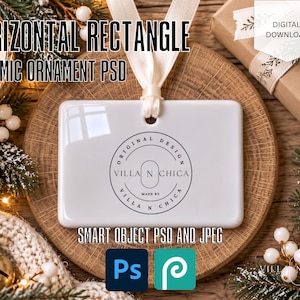 May include: A white horizontal rectangular ceramic ornament featuring a black circular logo with the text Villa N Chica, Original Design, and Made By. The ornament is suspended by a white ribbon and is presented as a digital download file.