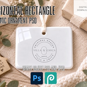 May include: A white horizontal rectangular ceramic ornament featuring a central circular logo with the text ORIGINAL DESIGN VILLA N CHICA MADE BY VILLA N CHICA. The ornament includes a cream-colored ribbon loop for hanging and is presented as a digital download.