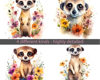 Meerkat Illustrations Bundle, Watercolor Digital Art, Digital Downloads, Meerkat, PNG, Sublimation Prints, Meerkat Clipart, Watercolor