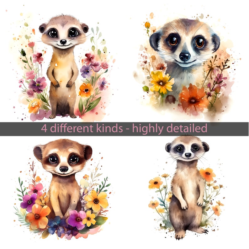 Erdmännchen Illustrationen Bundle, Aquarell digitale Kunst, digitale Downloads, Erdmännchen, PNG, Sublimationsdrucke, Erdmännchen Clipart, Aquarell Bild 1