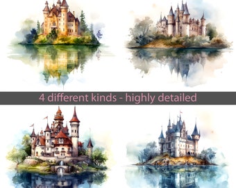 Märchen Schloss Illustrationen Bundle, Aquarell Schloss Clipart, digitale Downloads, Schloss, PNG, Sublimationsdrucke, Clipart, Märchen