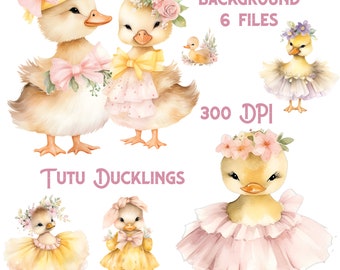 Tutu Ducklings Illustrations, Watercolor Clipart, Digital Downloads, Ducklings, PNG, Sublimation Prints, Floral Duck, Cute Tutu Ducklings
