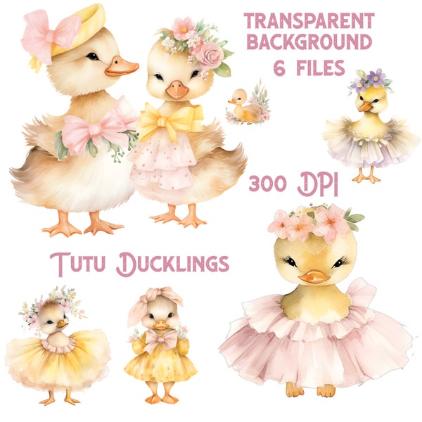 Tutu Ducklings Illustrations, Watercolor Clipart, Digital Downloads, Ducklings, PNG, Sublimation Prints, Floral Duck, Cute Tutu Ducklings