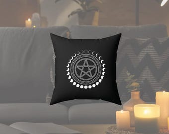Hexen Kissen | Heidnisches Kissen | Mond Phase Kissen | Runen Kissen | Polyester Quadratisches Kissen