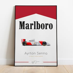 Ayrton Senna F1 Car Marlboro Poster Print / Mclaren F1 Wall Art Minimalist Print Gift / Cartel de carreras de Fórmula 1 / Senna Signature Print