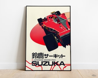 Vintage Ferrari F1 Suzuka Japanese Grand Prix Wall Art Poster Print: Retro Illustration for Car Enthusiasts | Minimalist Retro F1 Home Decor