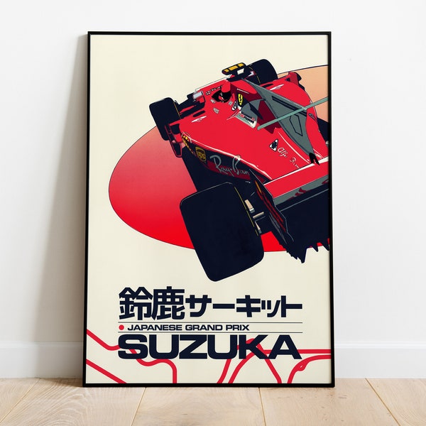 Vintage Ferrari F1 Suzuka Japanese Grand Prix Wall Art Poster Print: Retro Illustration for Car Enthusiasts | Minimalist Retro F1 Home Decor