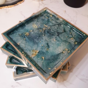 MADE TO ORDER - Green and Cream Square Handmade Resin Coasters | Home Decor | Decorative Plate | Tableware | Gifts & Presents | Placemat