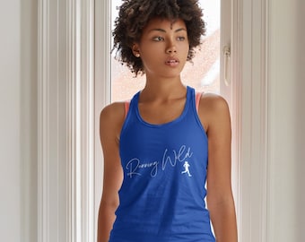 May include: A royal blue racerback tank top with the text "Running Wild" in white cursive script and a white silhouette of a runner.