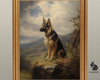 Maestoso pastore tedesco: arte da parete digitale di un nobile cane in mezzo alla natura - Decorazione da parete per appassionati di cani