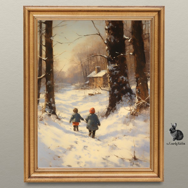 Snowy Woodland Walk: A Playful Journey Home Digital Print