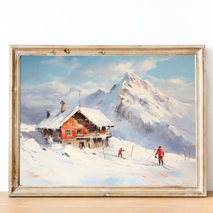 Pode incluir: Uma pintura emoldurada que retrata uma cena de montanha nevada com uma pequena cabana vermelha em primeiro plano. Dois esquiadores estão à distância, e o céu é de um azul brilhante.