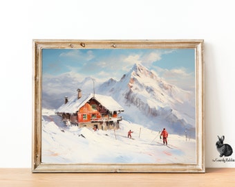 Swiss Ski Chalet Art Print: Winter Chalet Scene with Skiers - Digital Wall Art & Poster Decor for Alpine Enthusiasts