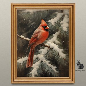 Winter Cardinal Bliss: Digital Art Print Featuring Elegant Bird on Evergreen Branch