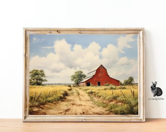 Vintage Barn & Farmhouse Landscape: Digital Wall Art of Amber Fields and Barn - Rustic Countryside Decor