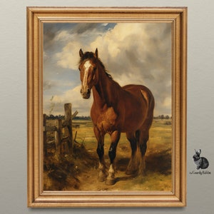 Vintage Chestnut Horse: Digital Wall Art of Majestic Equine in Field - Timeless Horse Wall Decor