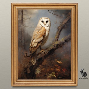Autumn Owl Perch: Vintage Digital Art Print of Barn Owl in Tree